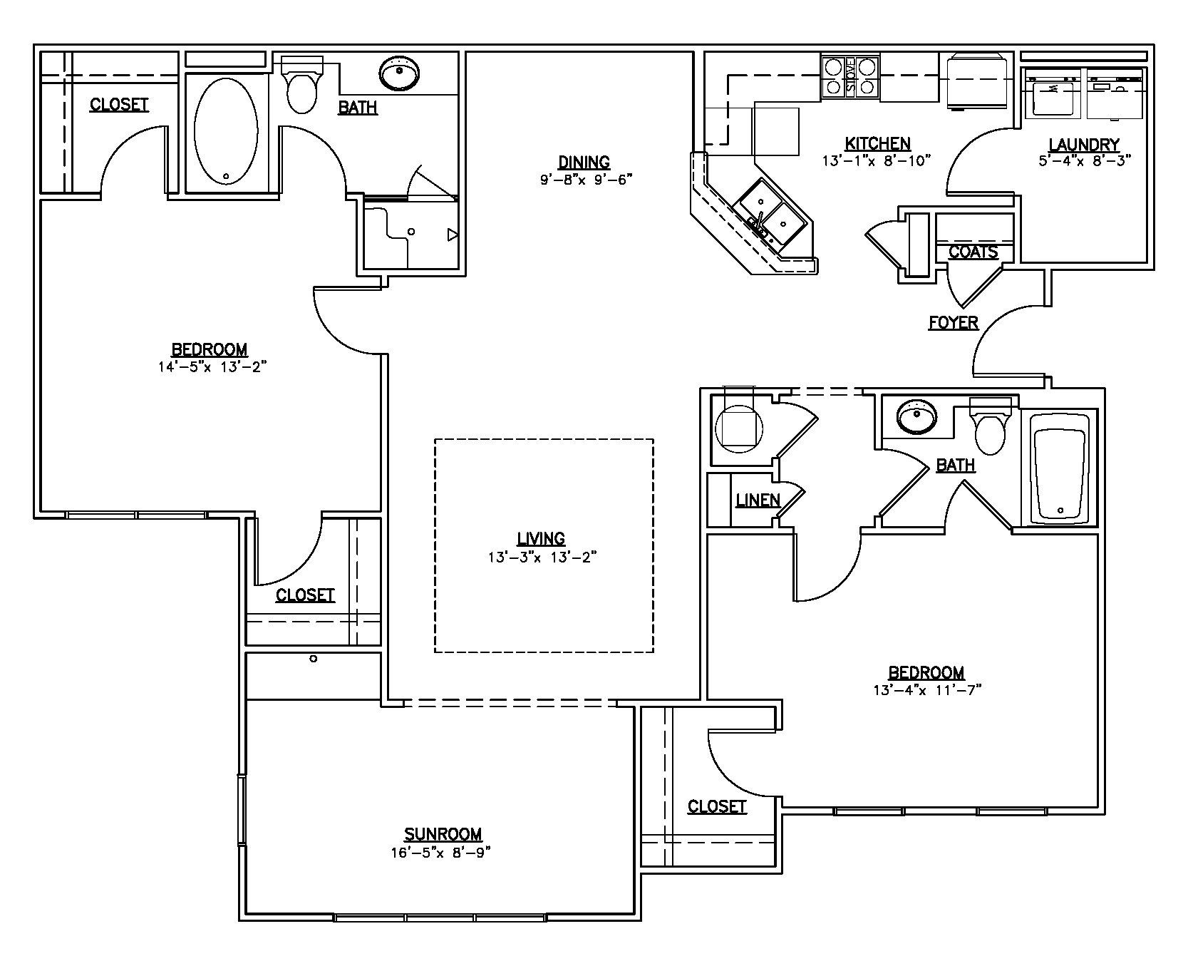 Floor plan for 2 beds, 2 baths, 1463 sqft